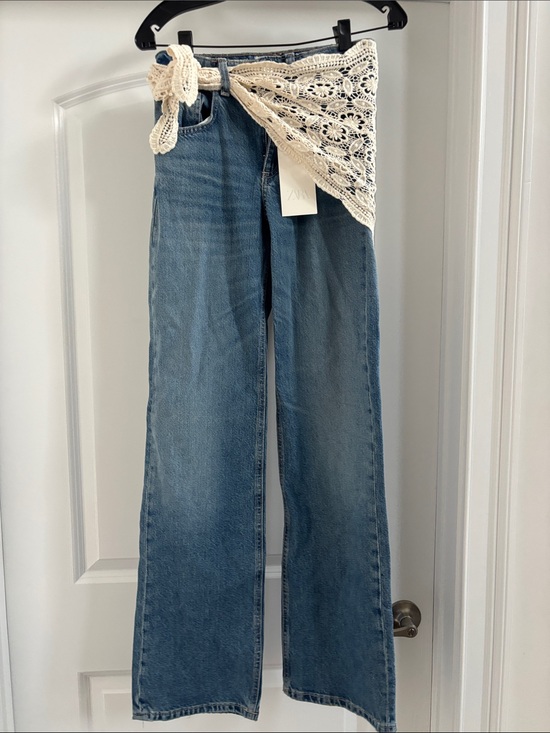 Zara Denim - Zara Blue Wide-Leg Jeans with Cream Crochet Tie NWT